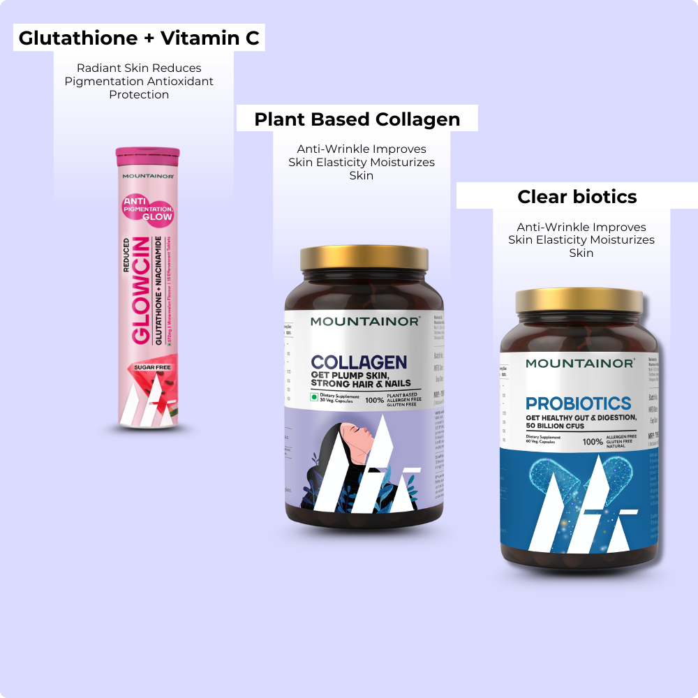 Glowcin+Collagen+Clear Biotics (Combo Pack) & Get FREE Gift (Sunscreen Stick + Anti Acne UV Gel + Under Eye Patch)