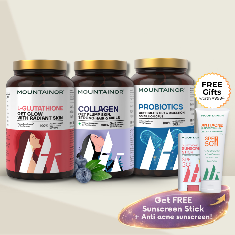 Glutathione+Collagen+Probiotics 60 Caps each (Combo Pack) & Get FREE Gift (Sunscreen Stick + Anti Acne UV Gel + Under Eye Patch)