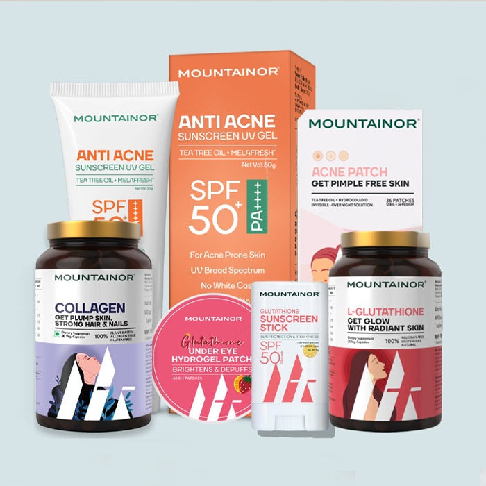 Complete Skin Care Kit by Mountainor || Glutathione, Collagen, UV Gel Sunscreen, Under Eye Patch, and Pimple Patches