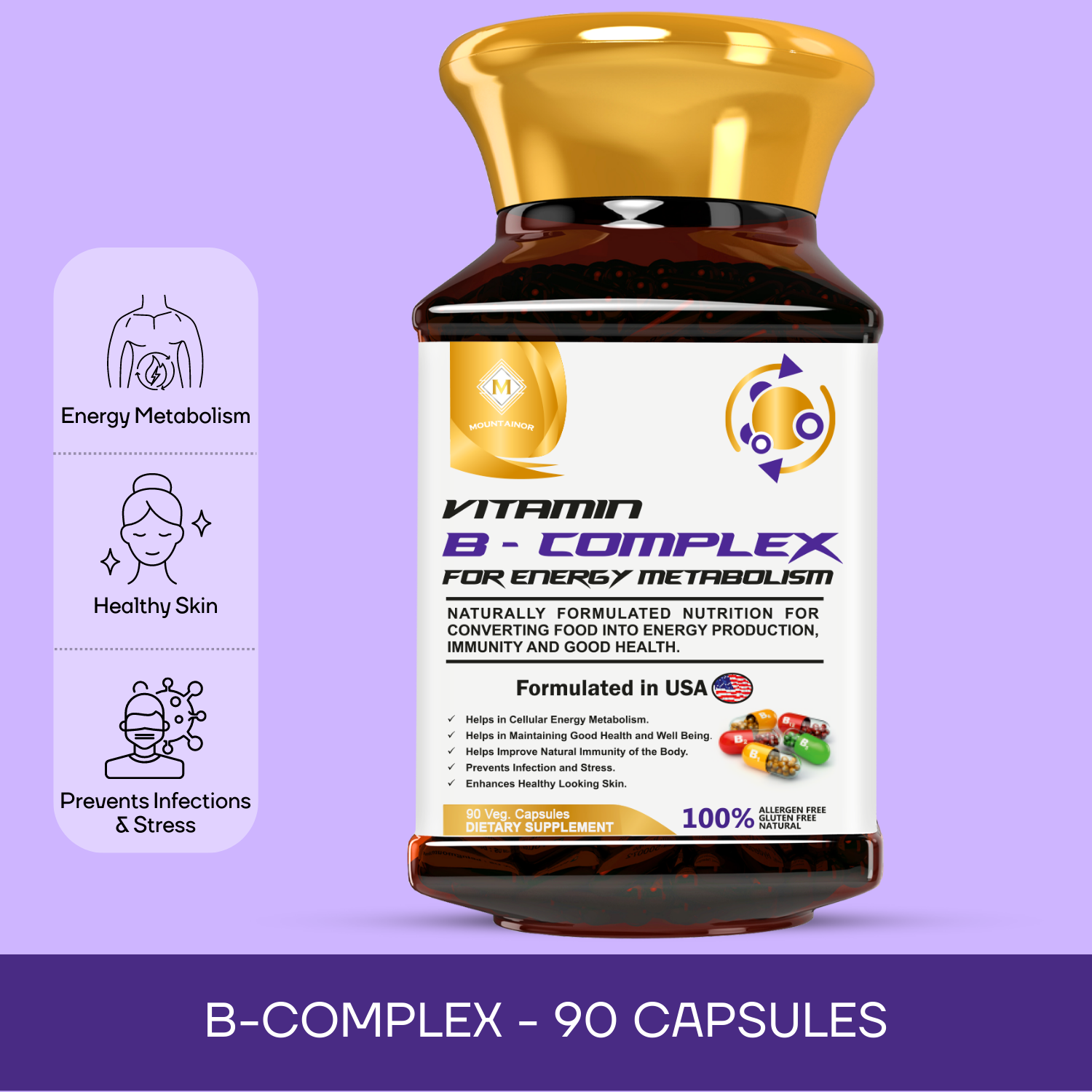 Vitamin B Complex for Improved Metabolism & Healthier Hair & Skin - 90 Veg Capsules