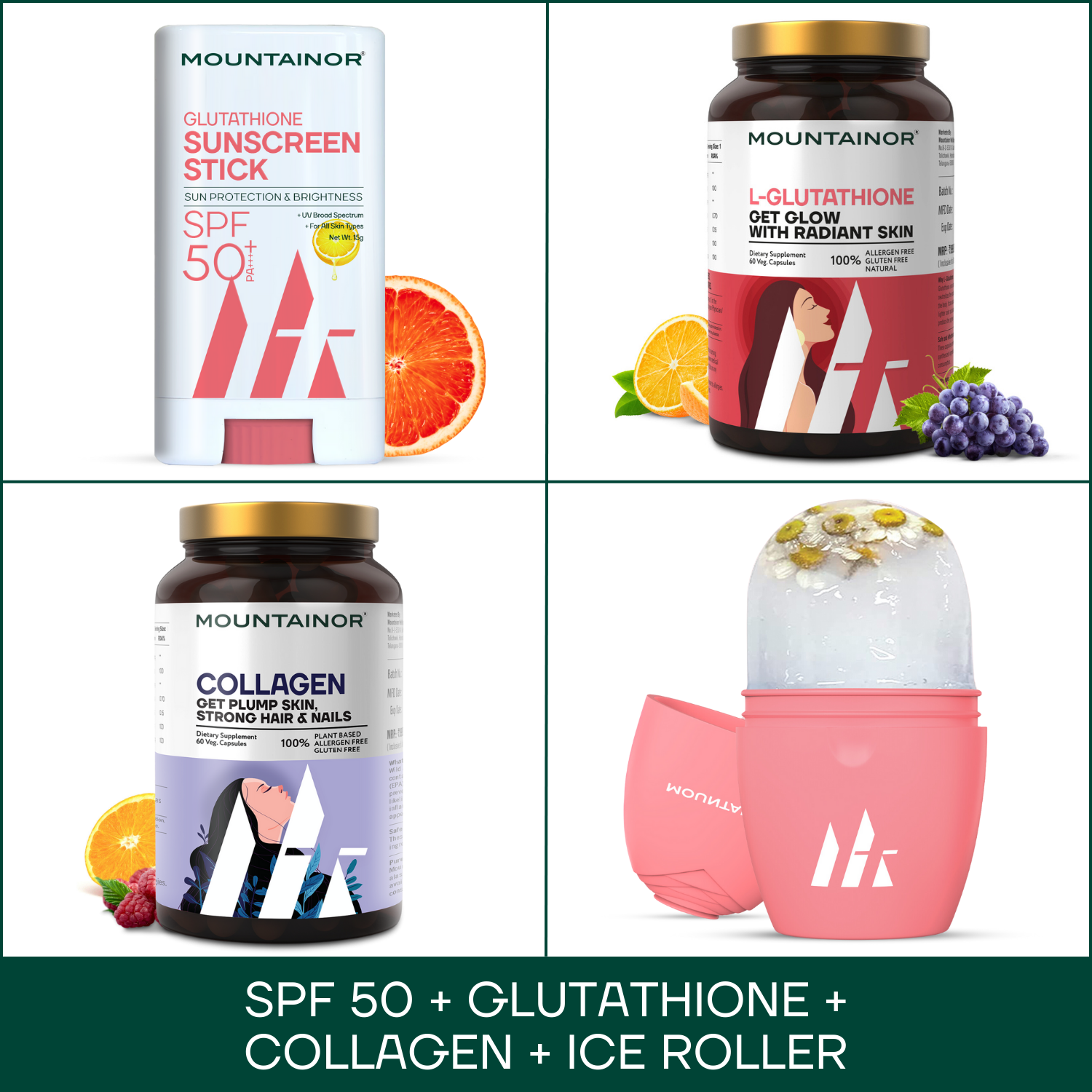 L-Glutathione 60 Capsules + Collagen + SPF 50 Sunscreen + Ice Roller