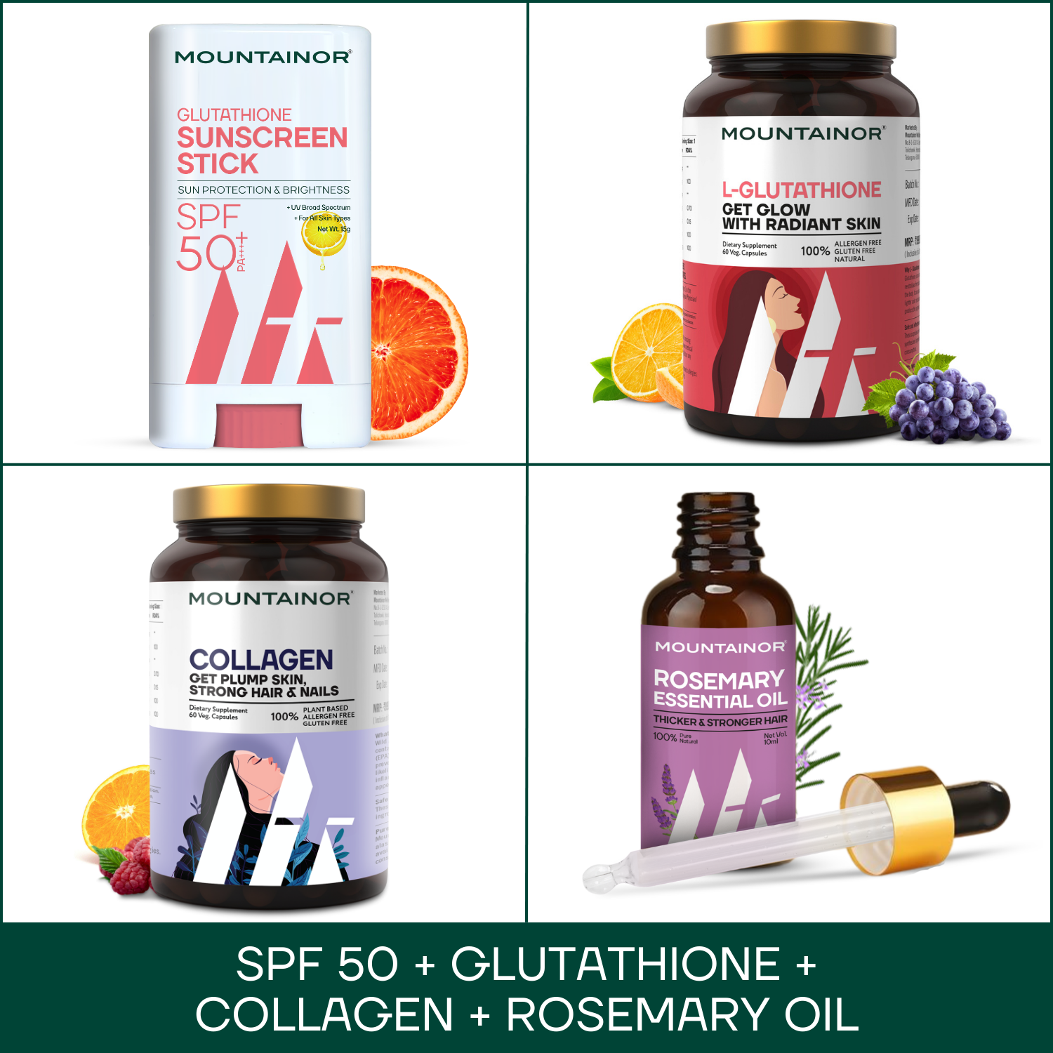 L-Glutathione Capsules+Collagen Capsules+SPF 50+ Glutathione Sunscreen Stick+Rosemary Essential Oil