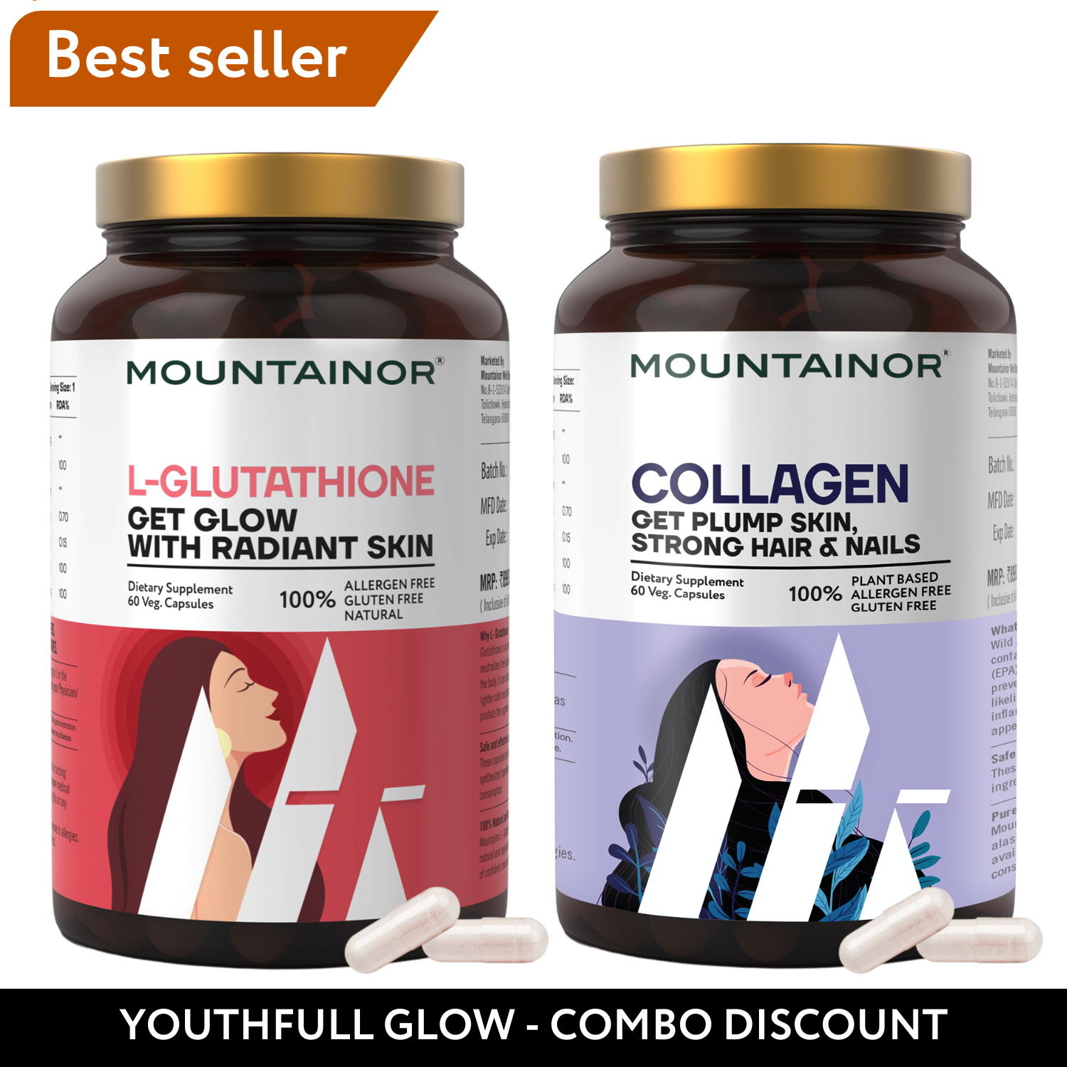 L-Glutathione(60Cap) + Collagen 60 Capsules For Glowing Skin & Strong Hairs.