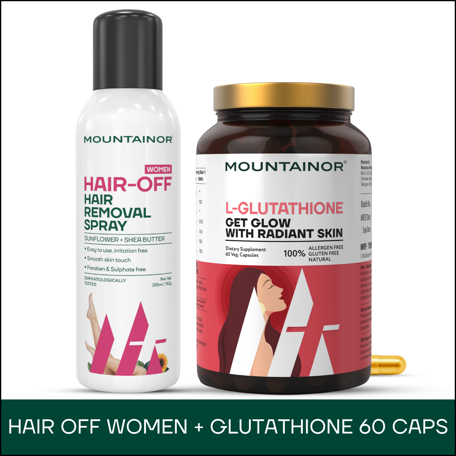 Hair Removal Spray For Women + Glutathione 60 Caps - Combo Pack