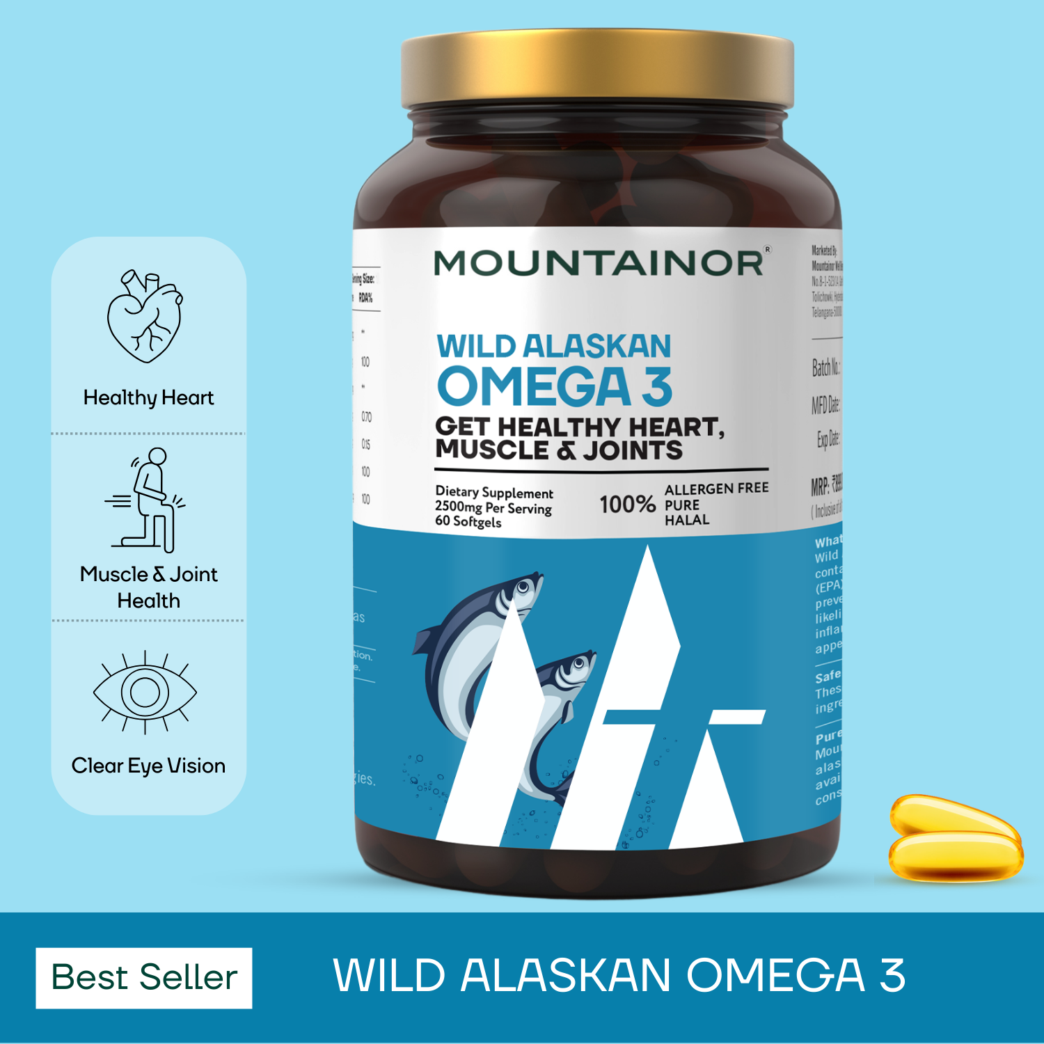 Wild Alaskan Omega-3 Fish Oil💧- Heart & Bone Health Boost - 60 Ultra-Pure Soft Gels with Essential Fatty Acids