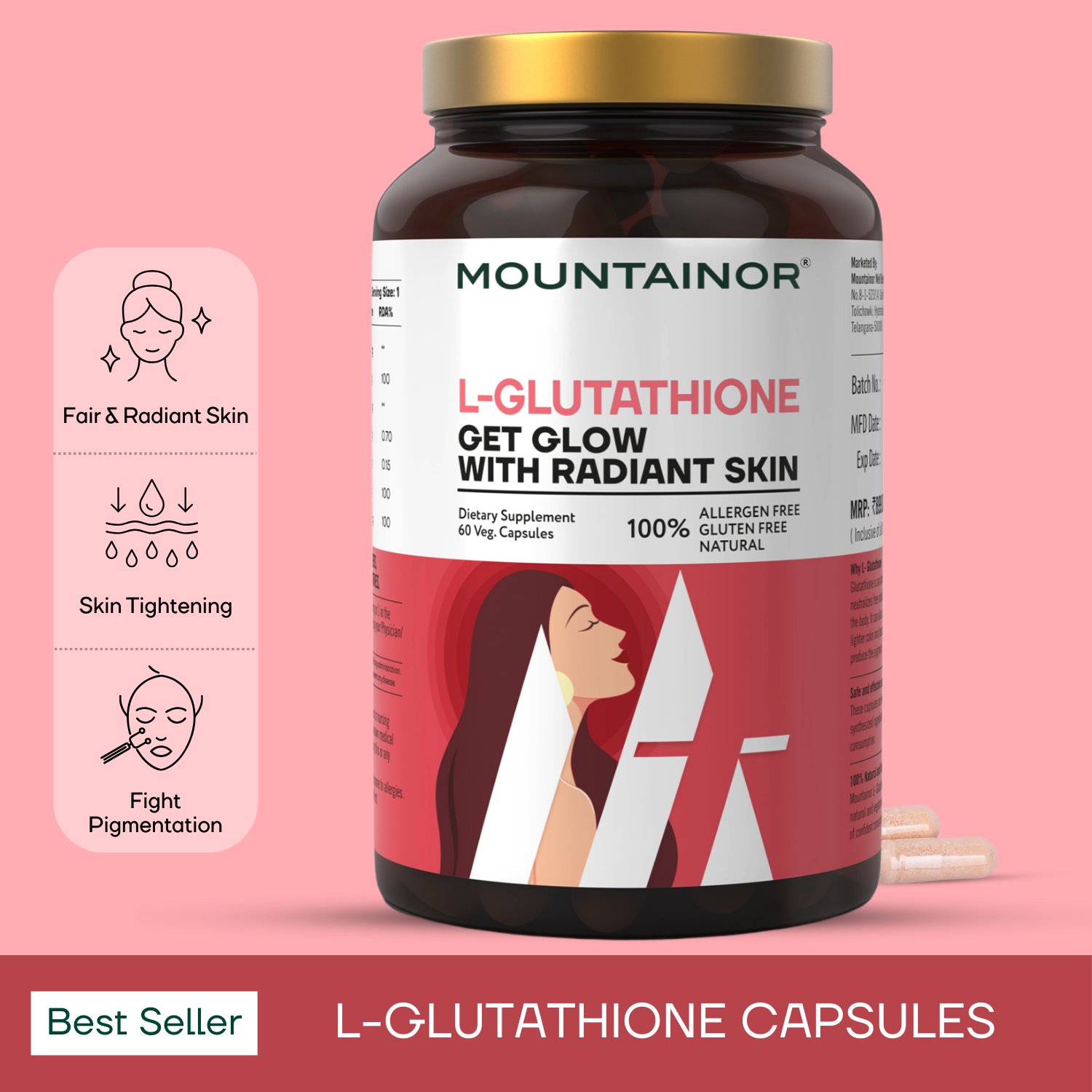 L-Glutathione REDUCED™ 1000mg Caps , For Korean Glowing, Radiance Skin with Vitamins C