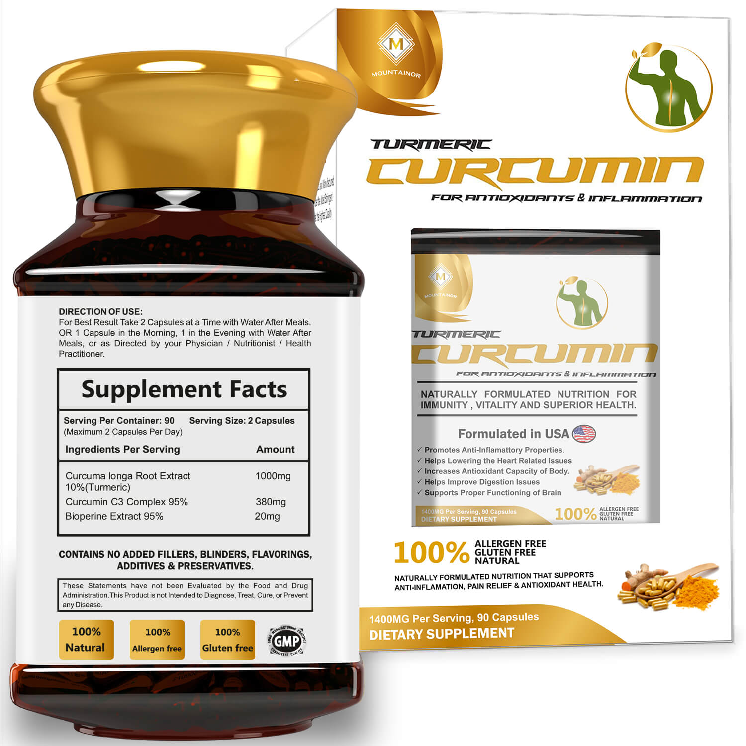 Pure Turmeric Curcumin for Joint Pain & Boosting Immunity - 90 Veg Capsules - Mountainor